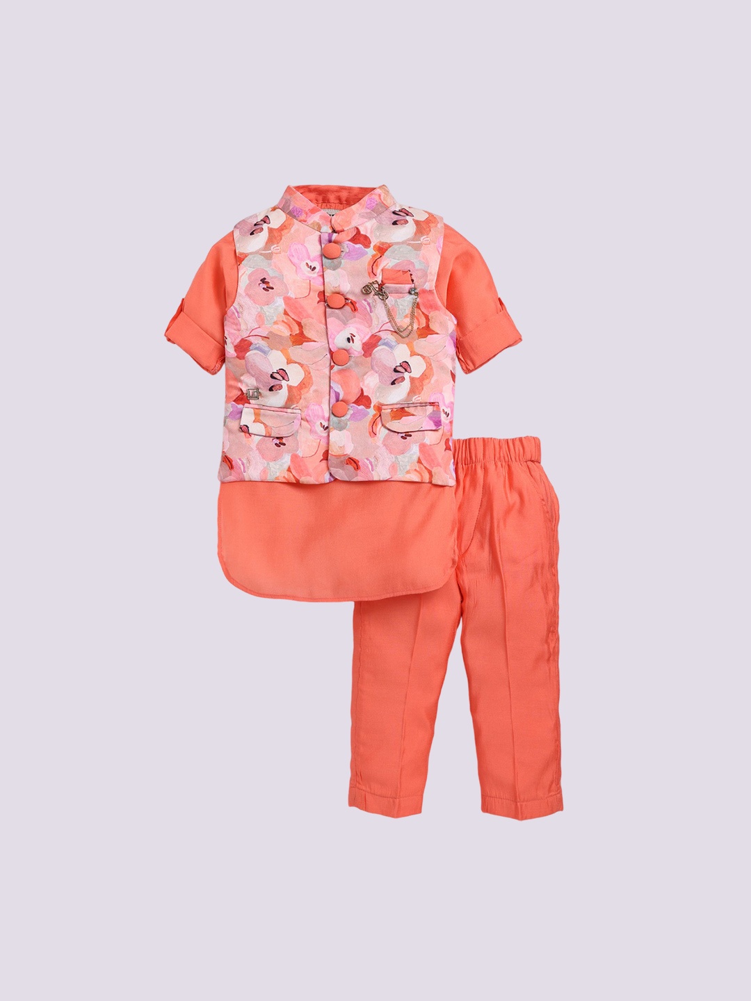 

LITTLE COLLARS Boys Mandarin Collar Long Sleeves Straight Kurta With Pyjama & Nehru Jacket, Peach