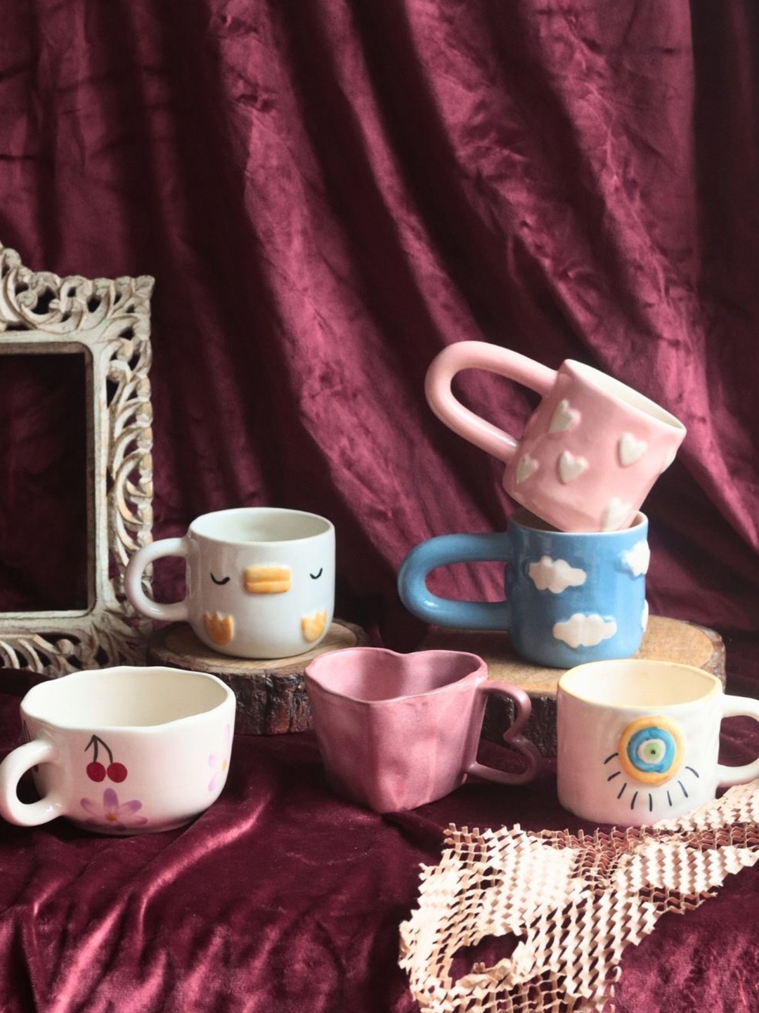

WEAVING HOMES White & Blue 6 Pieces Printed Ceramic Glossy Mugs 250 ml