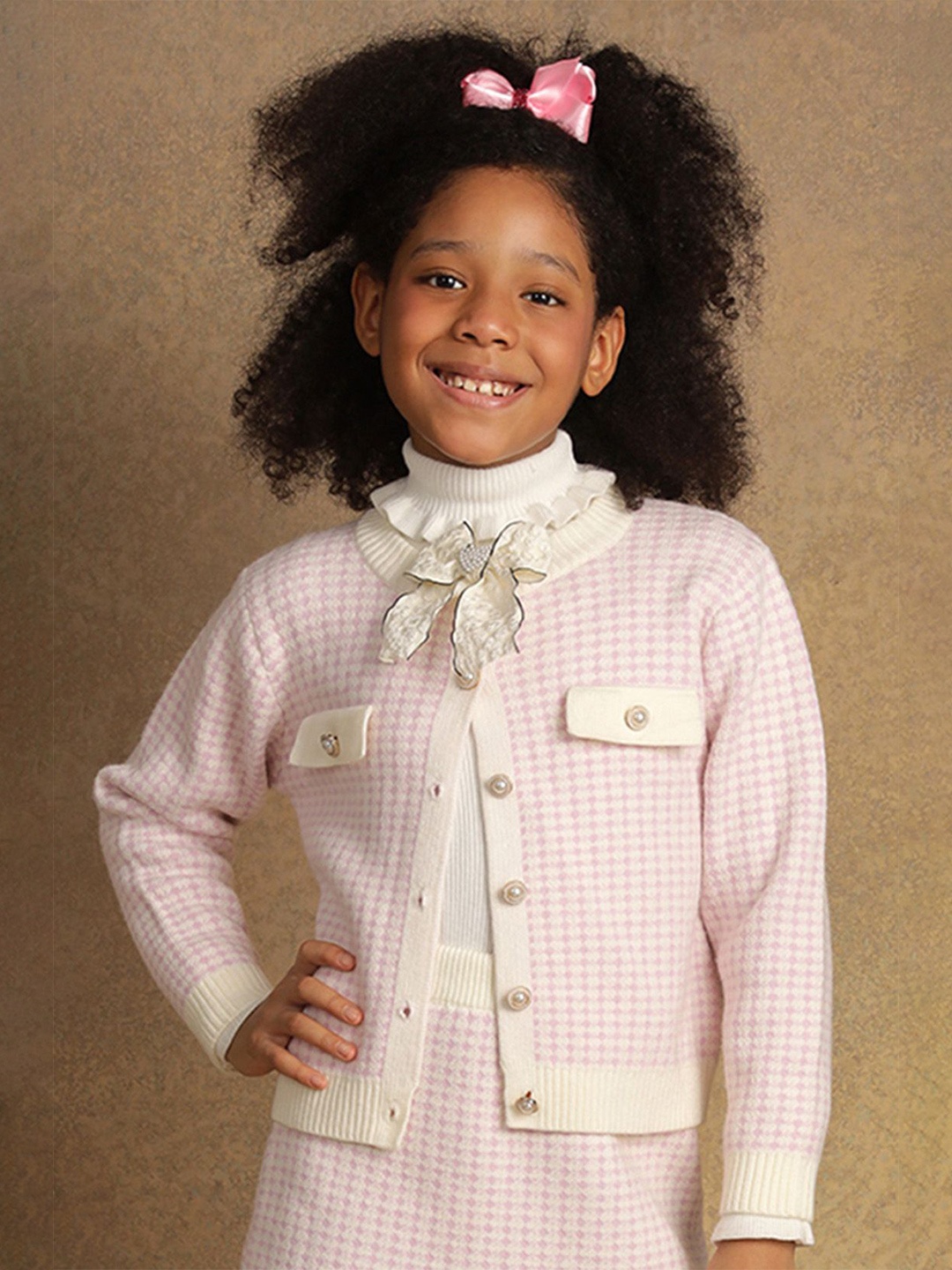 

One Friday Girls Checked Front-Open Sweaters, Pink