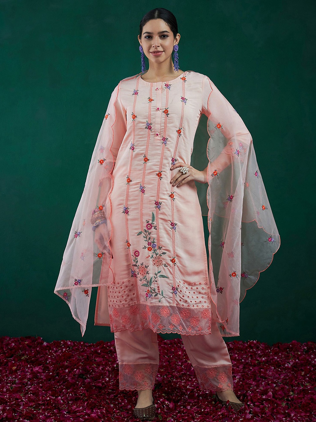 

Indo Era Floral Embroidered Straight Kurta With Trousers & Dupatta, Peach
