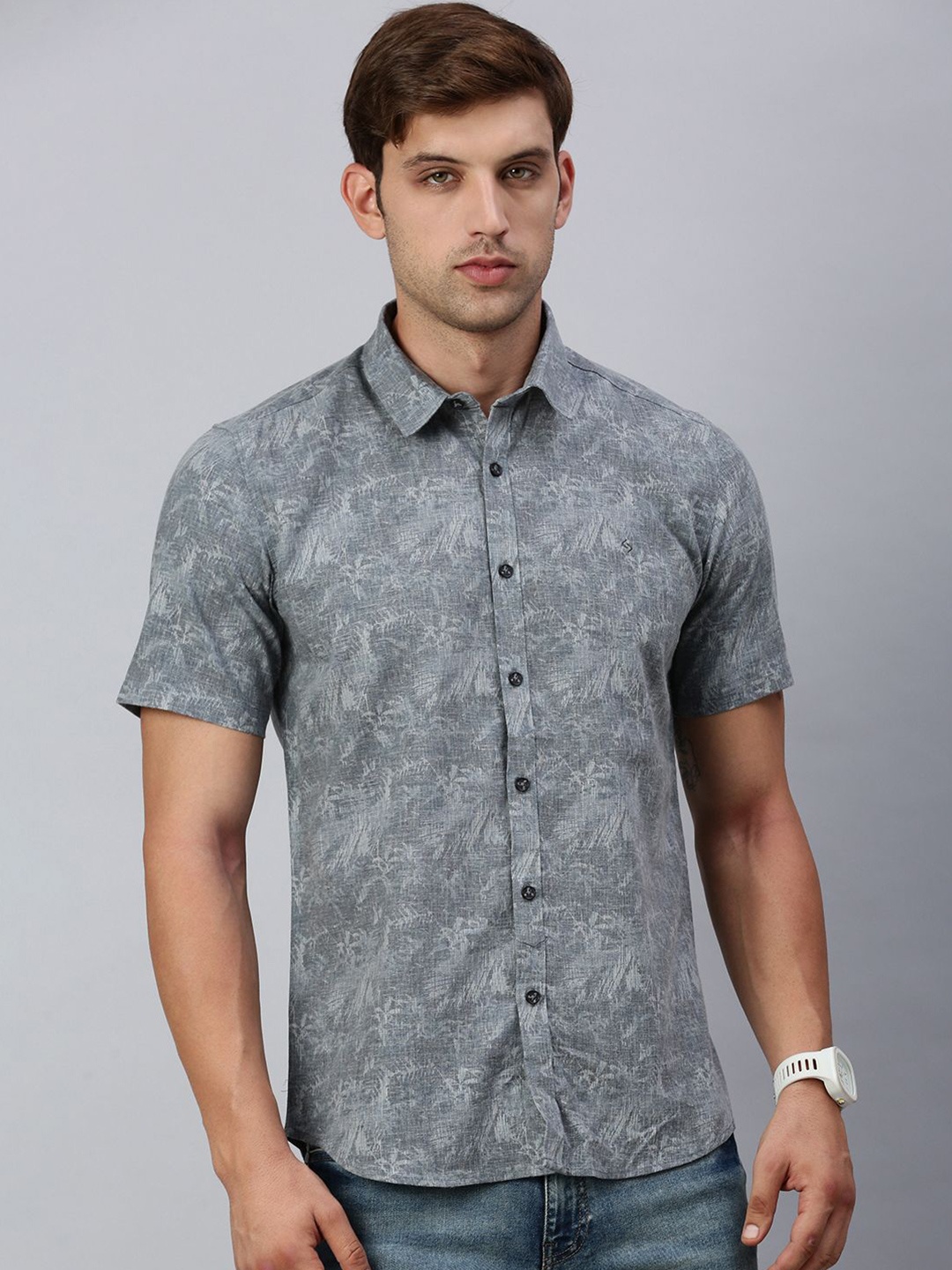 

Classic Polo Men India Slim Spread Collar Floral Printed Cotton Casual Shirt, Grey