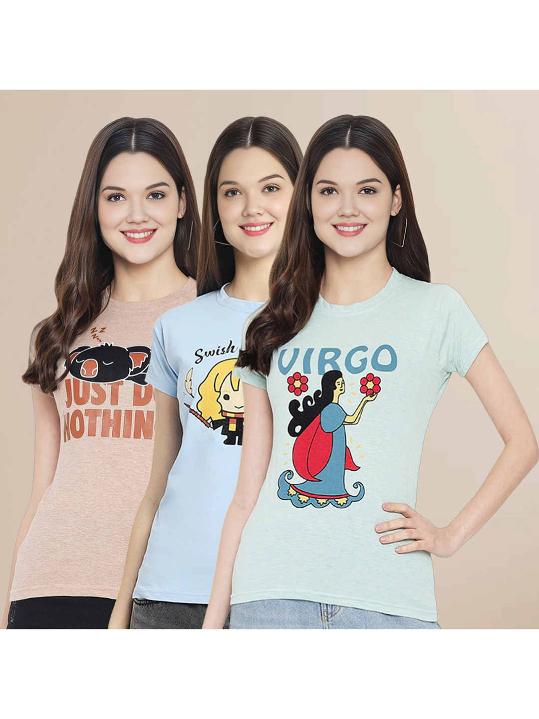 

Metronaut Women Pack Of 3 Typography Printed Round Neck Cotton T-shirts, Beige