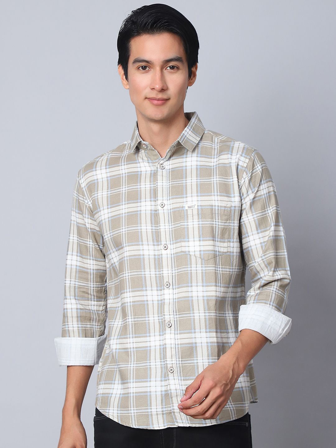 

Majestic Man Men Comfort Spread Collar Tartan Checked Slim Fit Casual Shirt, Beige