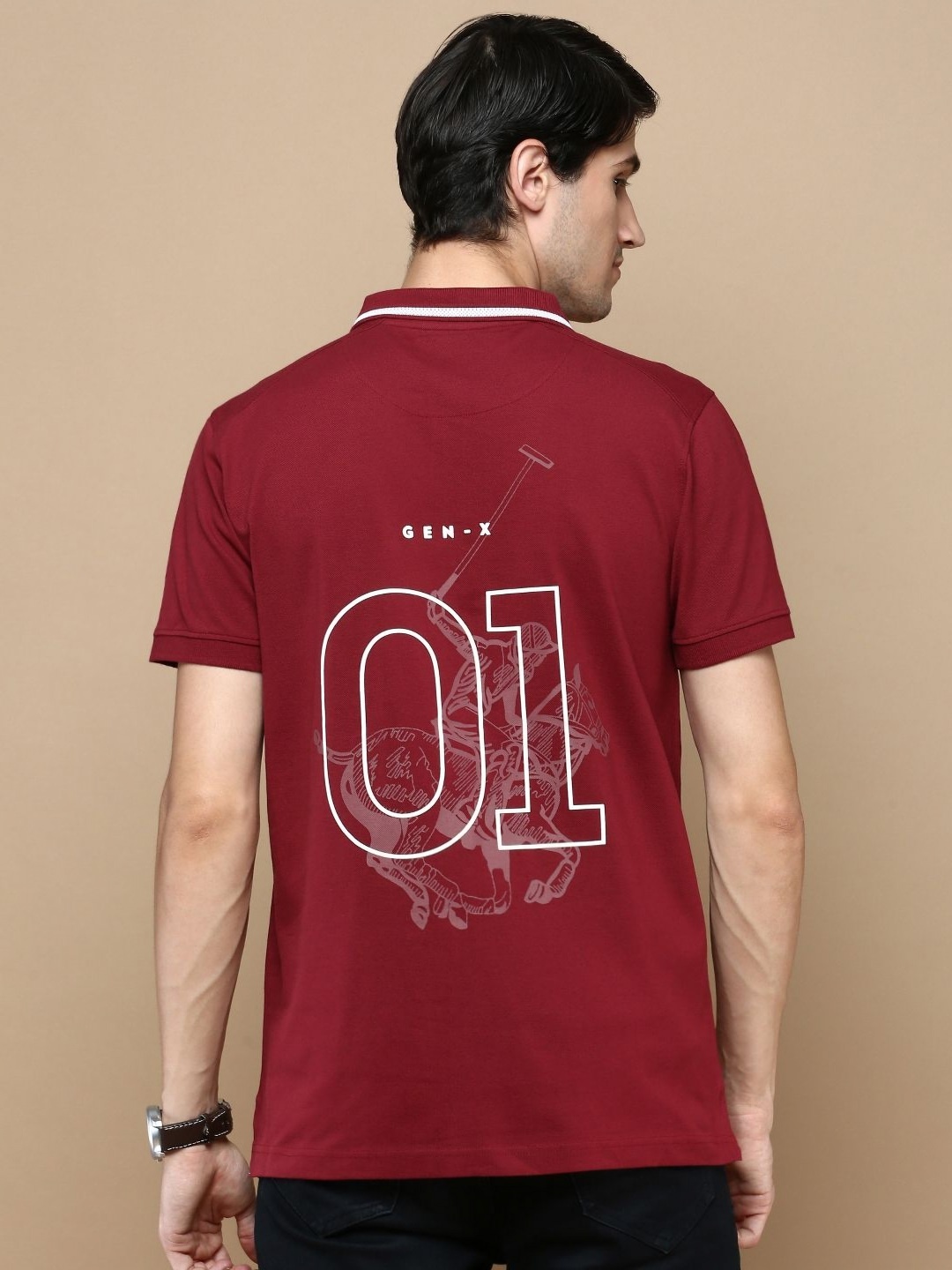 

Classic Polo Men Varsity Printed Polo Collar Cotton T-shirt, Maroon