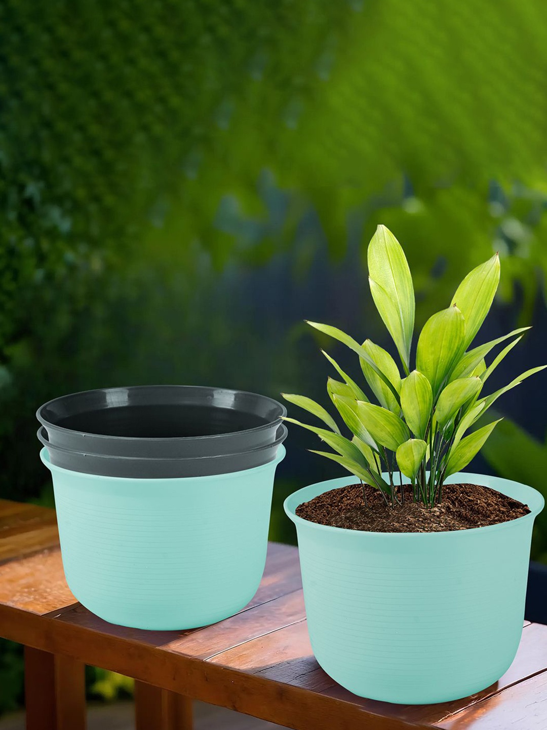 

Kuber Industries Blue & Grey 4 Pieces Textured Planters With Plate