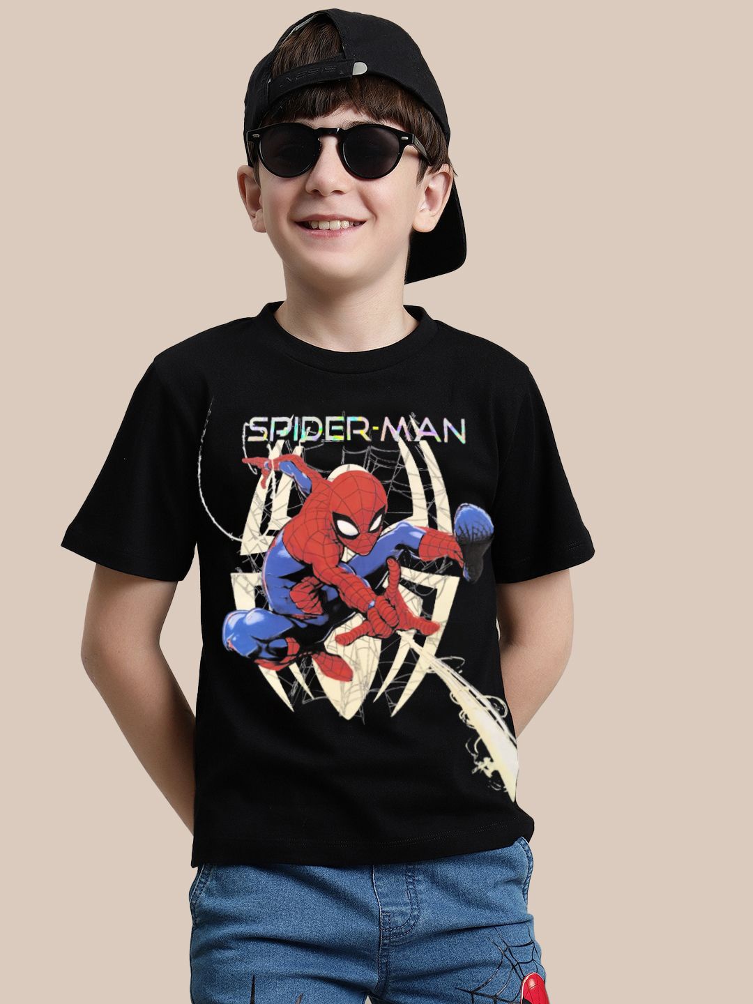 

Kids Ville Boys Graphic Printed Round Neck Cotton Spider-Man T-shirt, Black