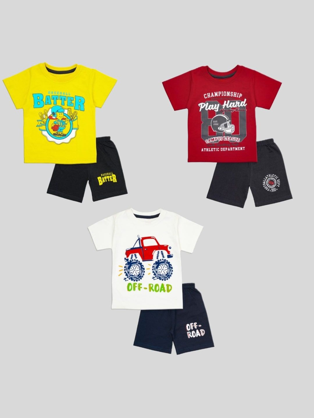 

BURBN Boys Pack of 3 Printed Pure Cotton T-shirt with Shorts, Red