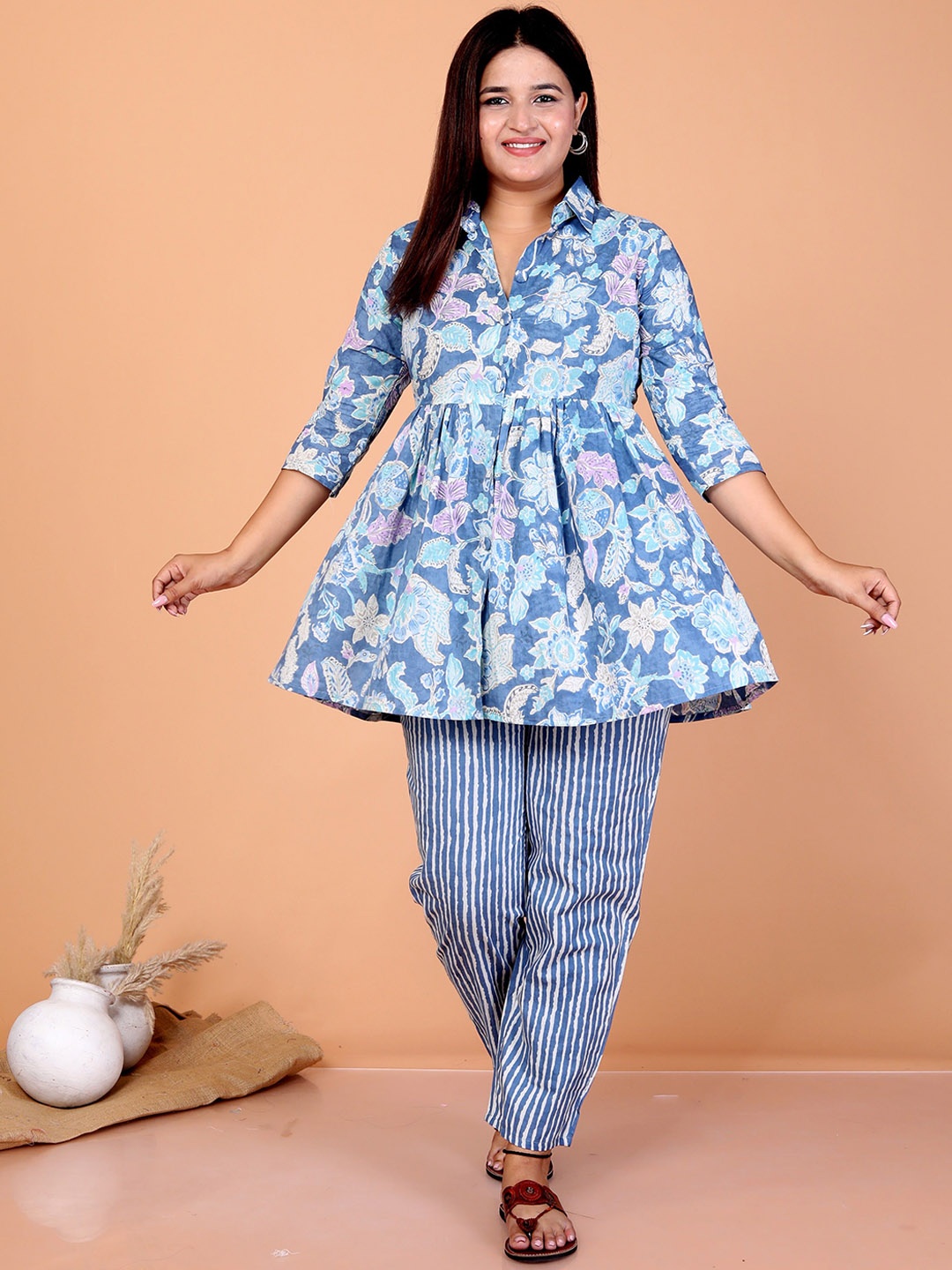 

SP DESIGNS Printed Pure Cotton Tunic & Trousers, Blue