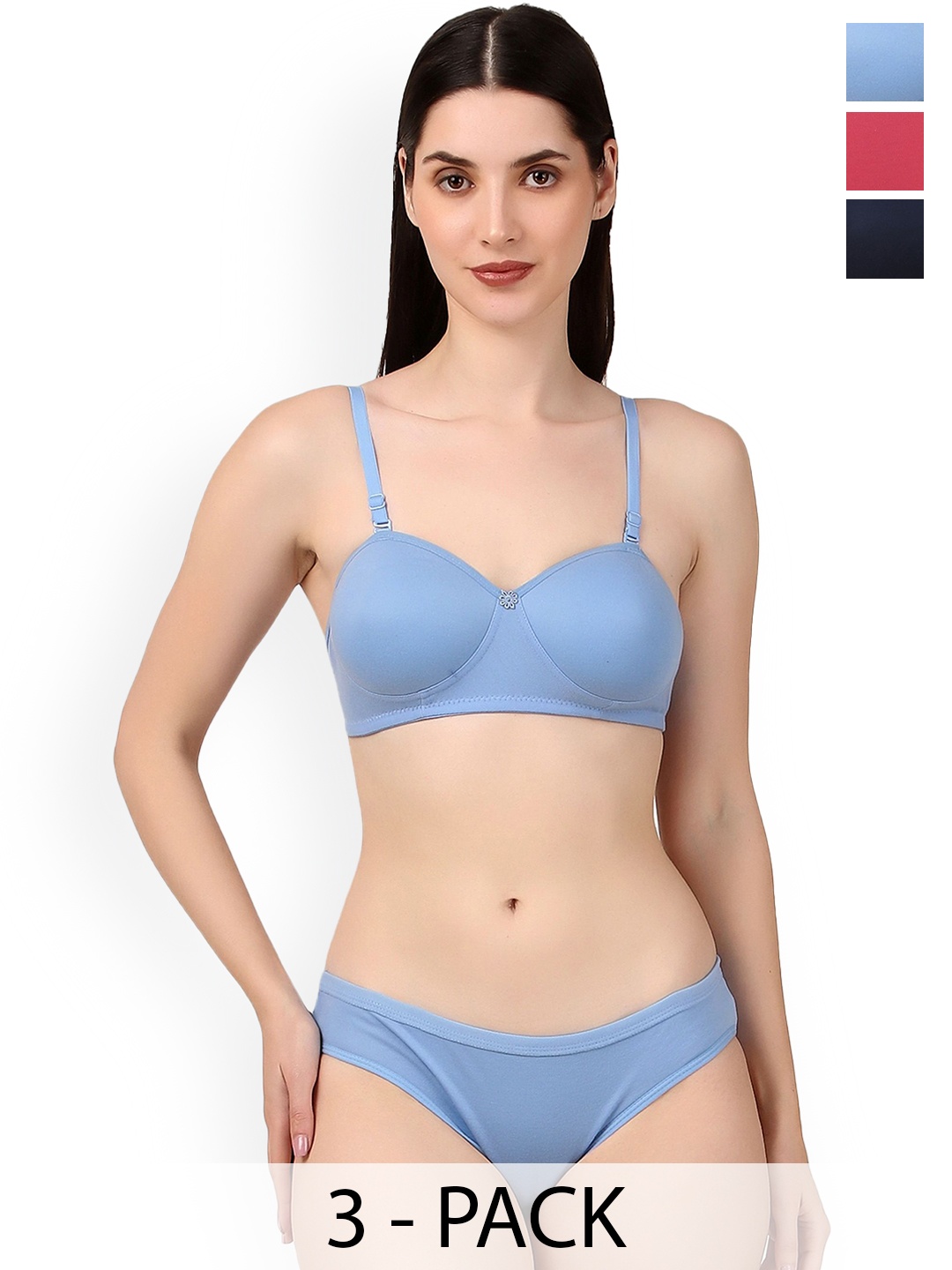 

Piylu Pack Of 3 Lightly Padded Lingerie Sets, Blue