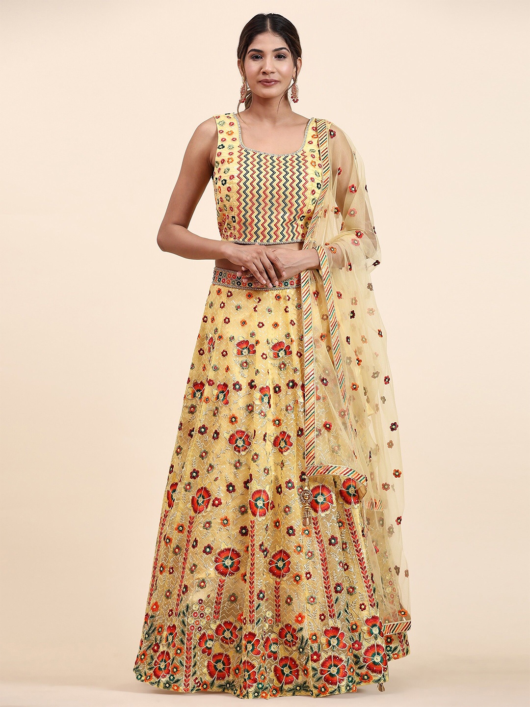 

VANAKARA Floral Printed Ready to Wear Lehenga & Blouse With Dupatta, Yellow