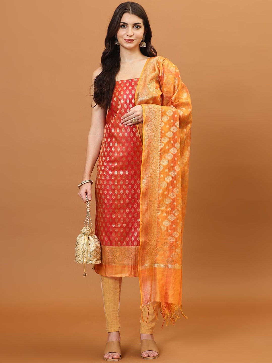 

Meena Bazaar Ethnic Motifs Woven Design Zari Unstitched Dress Material, Rust
