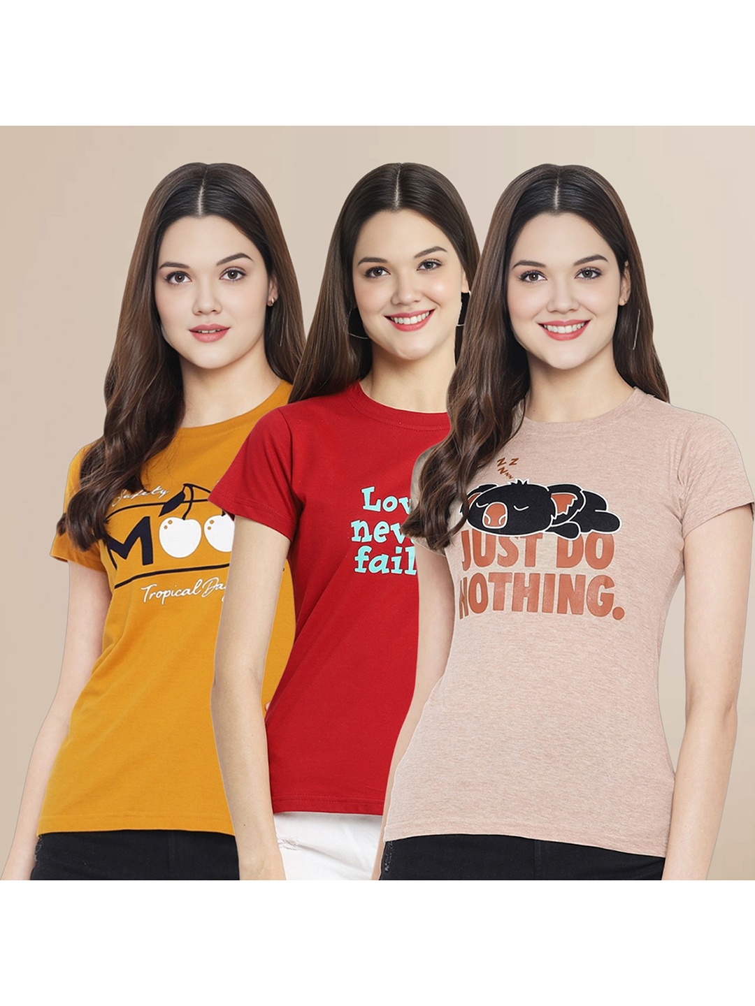 

Metronaut Women Pack Of 3 Typography Printed Round Neck Cotton T-shirts, Mustard