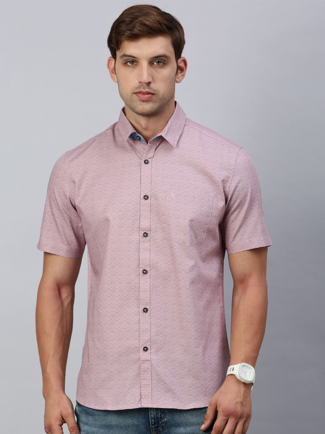 

Classic Polo Men India Slim Spread Collar Micro Ditsy Printed Cotton Casual Shirt, Mauve