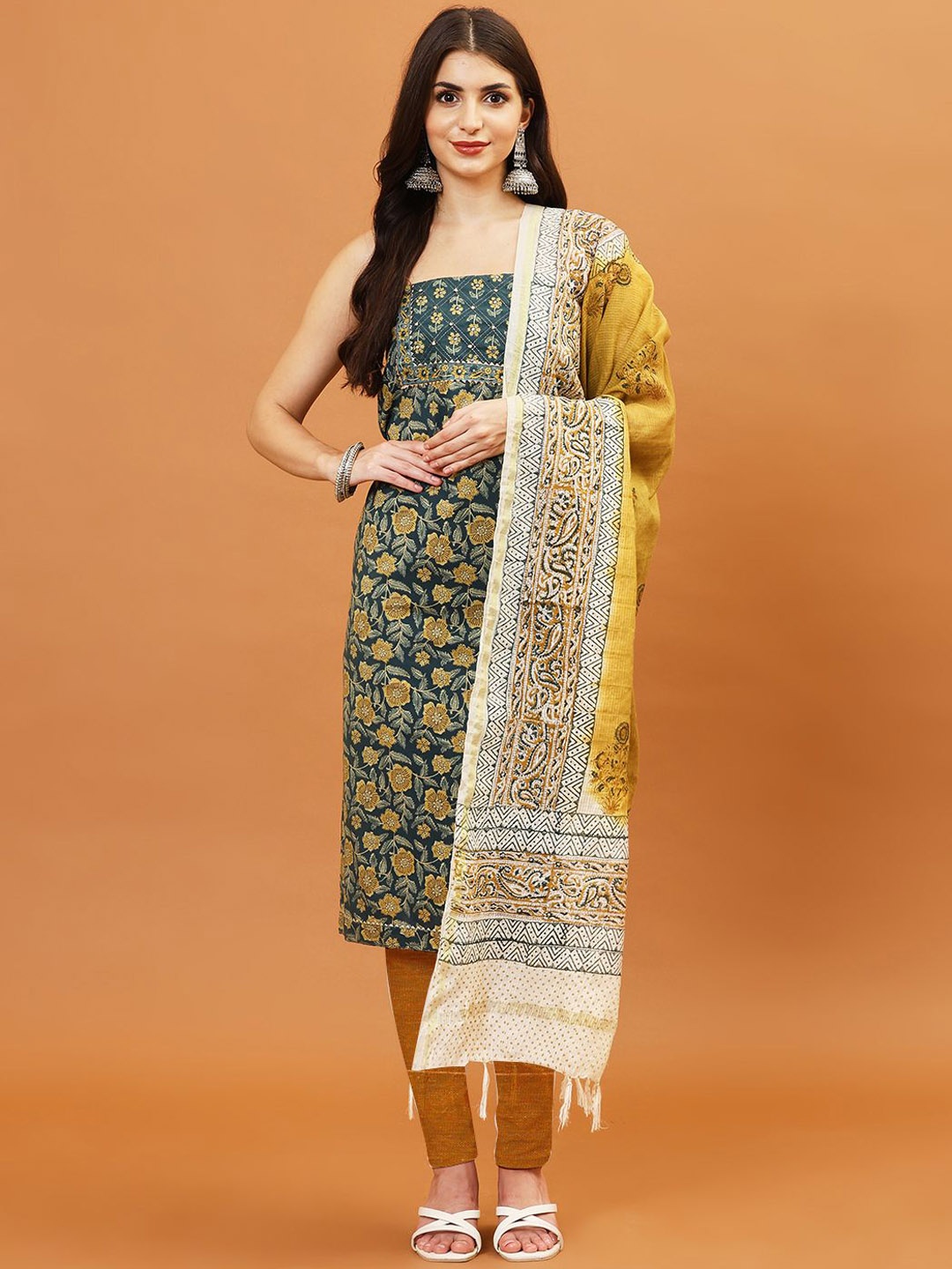 

Meena Bazaar Floral Printed Mirror Work Cotton Unstitched Dress Material, Blue