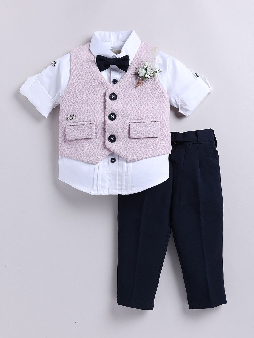 

LITTLE COLLARS Boys Self Design V-Neck Single-Breasted 3 Piece Suit With Bow Tie, Lavender