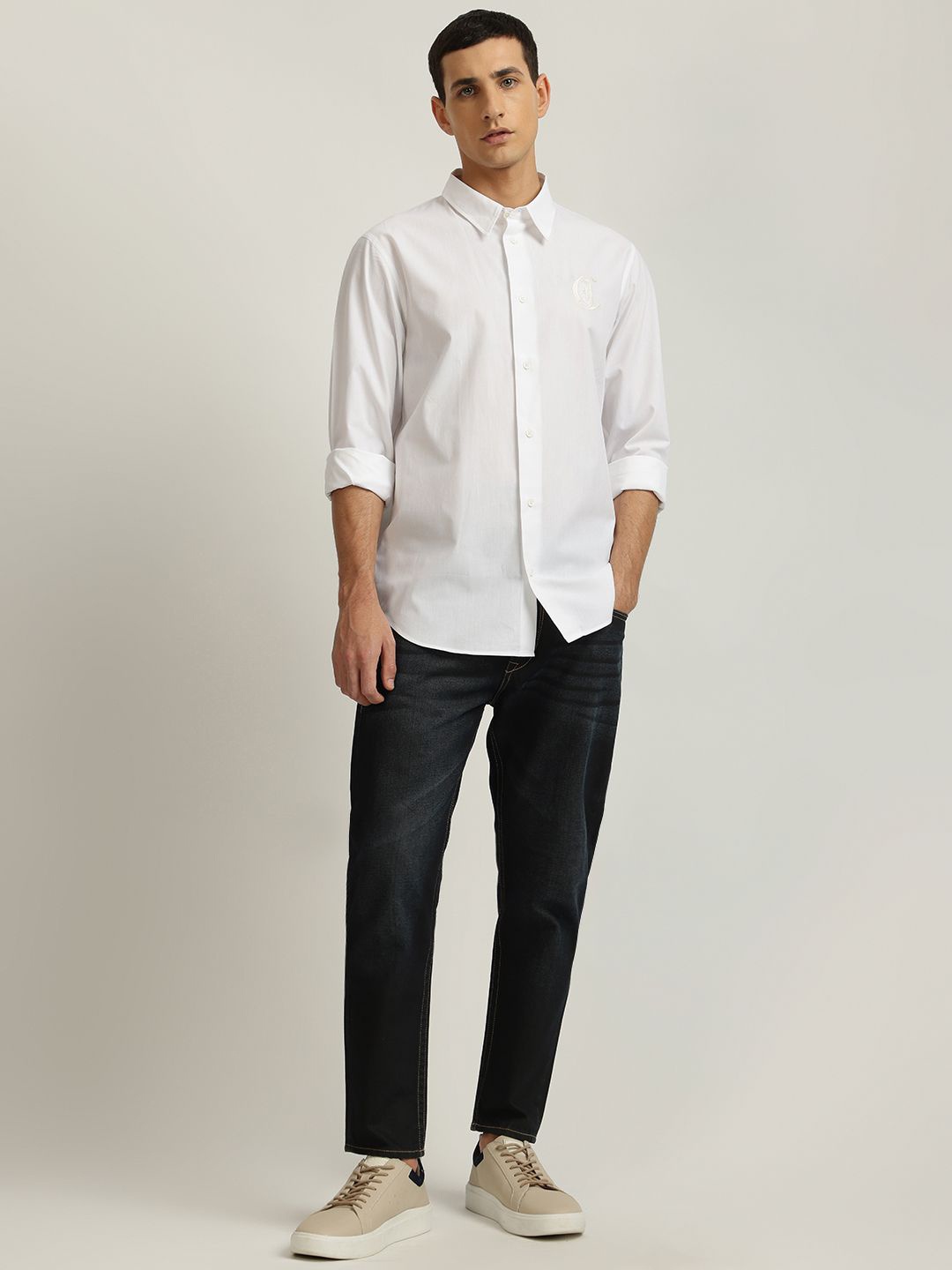 

Just Cavalli Men Spread Collar Solid Cotton Casual Shirt, White