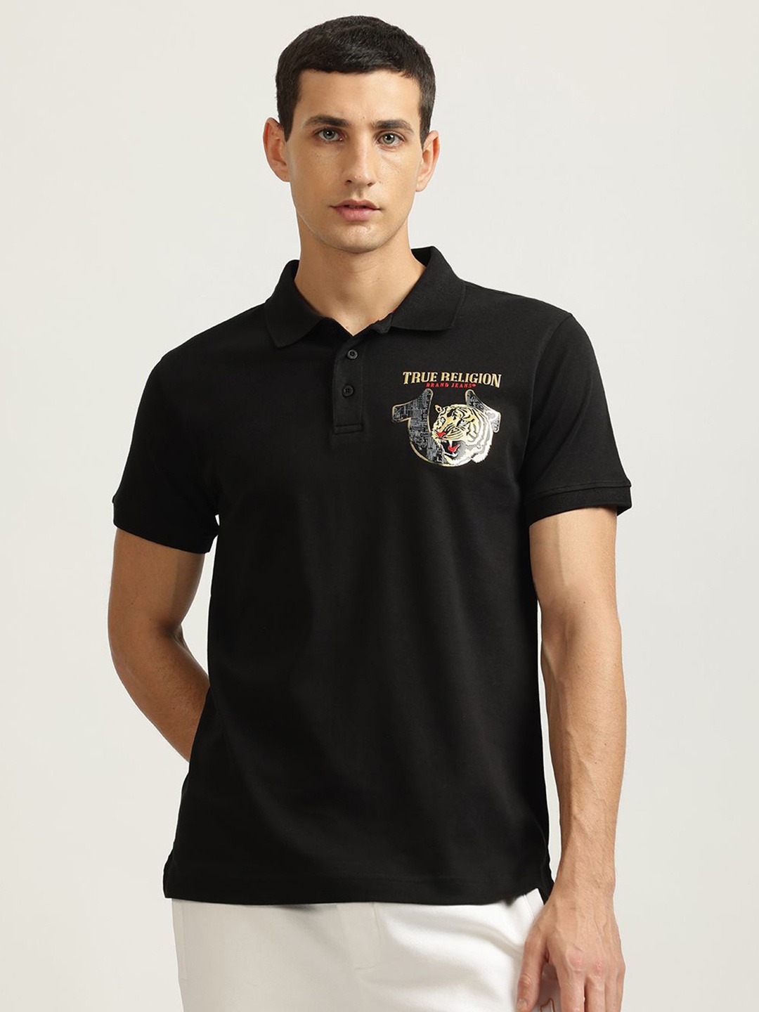 

True Religion Men Graphic Printed Polo Collar Cotton T-shirt, Black