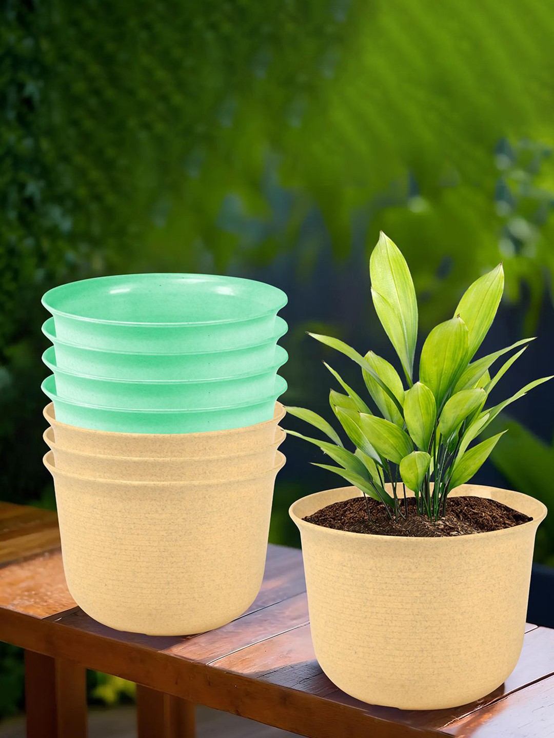 

Kuber Industries Beige & Green 8 Pieces Textured Planters With Plate