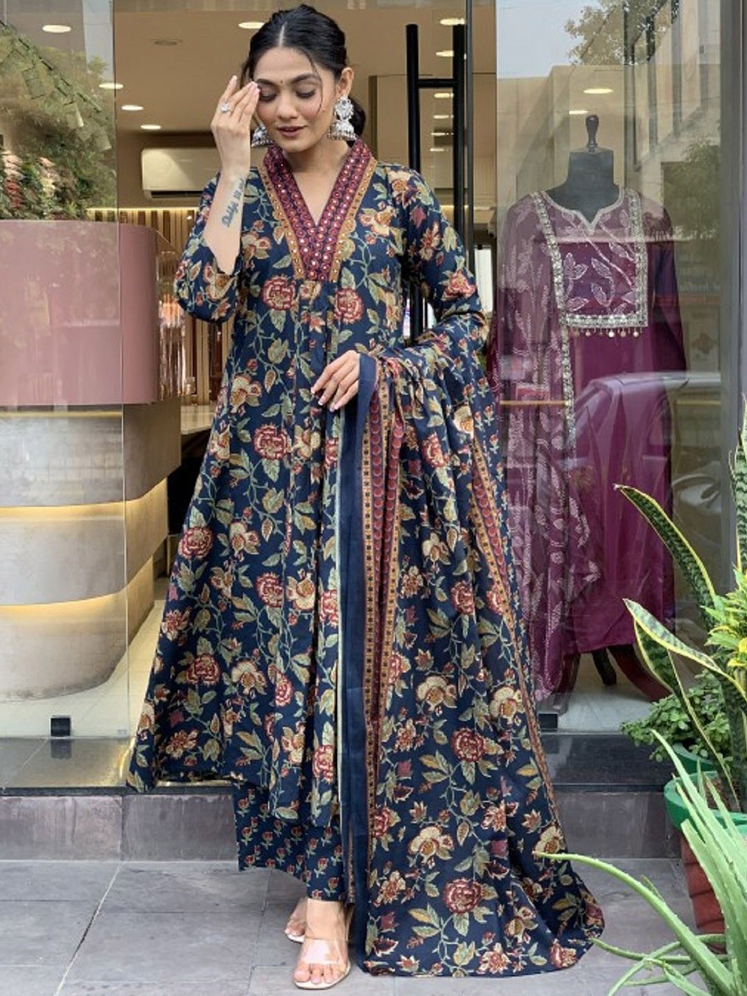 

KALINI Floral Printed Mirror Work V-Neck Anarkali Kurta With Trouser & Dupatta, Blue
