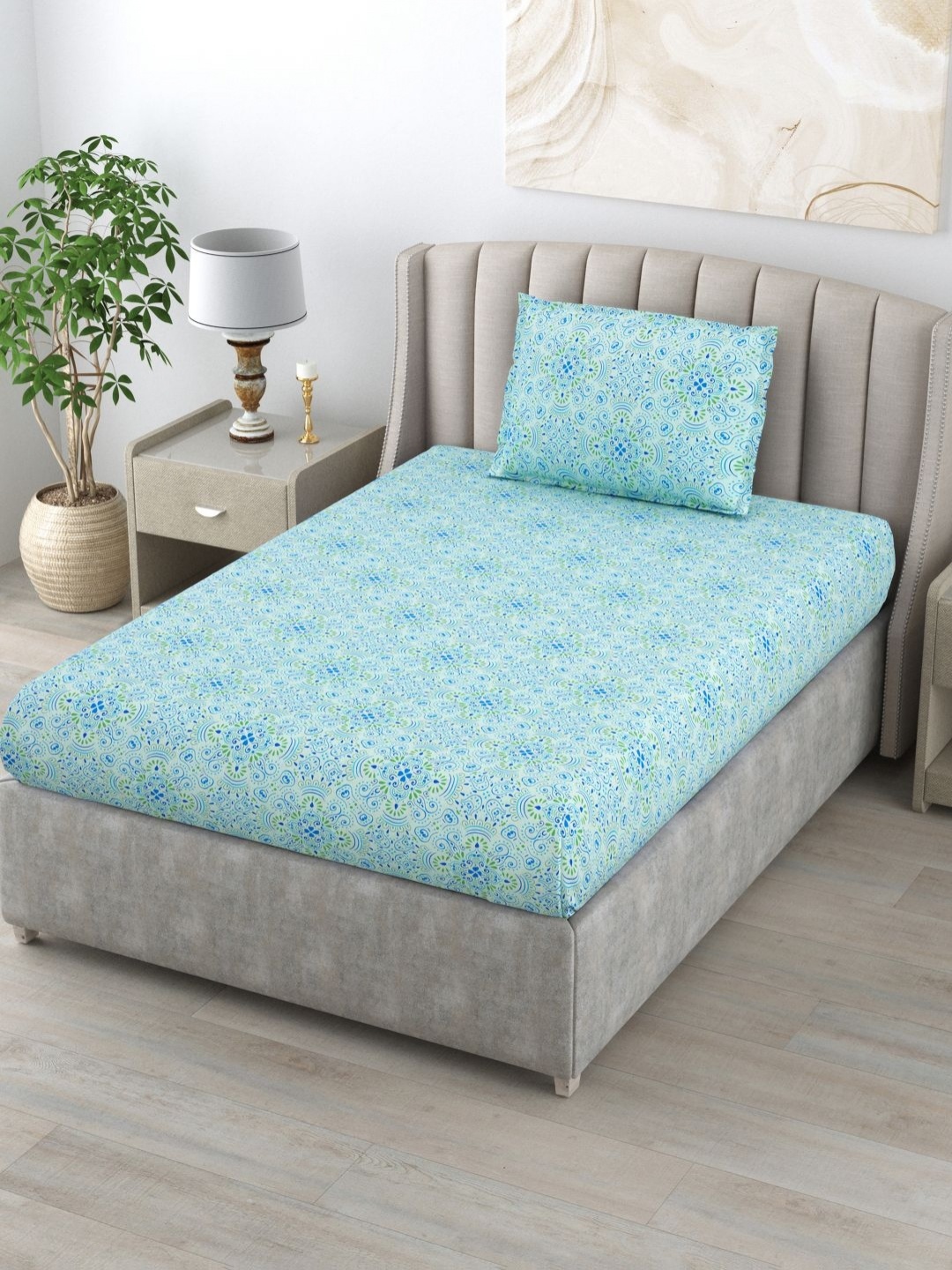 

BOMBAY DYEING Blue & Green Floral Cotton 144 TC Single Bedsheet Set 1.50 m x 2.24 m
