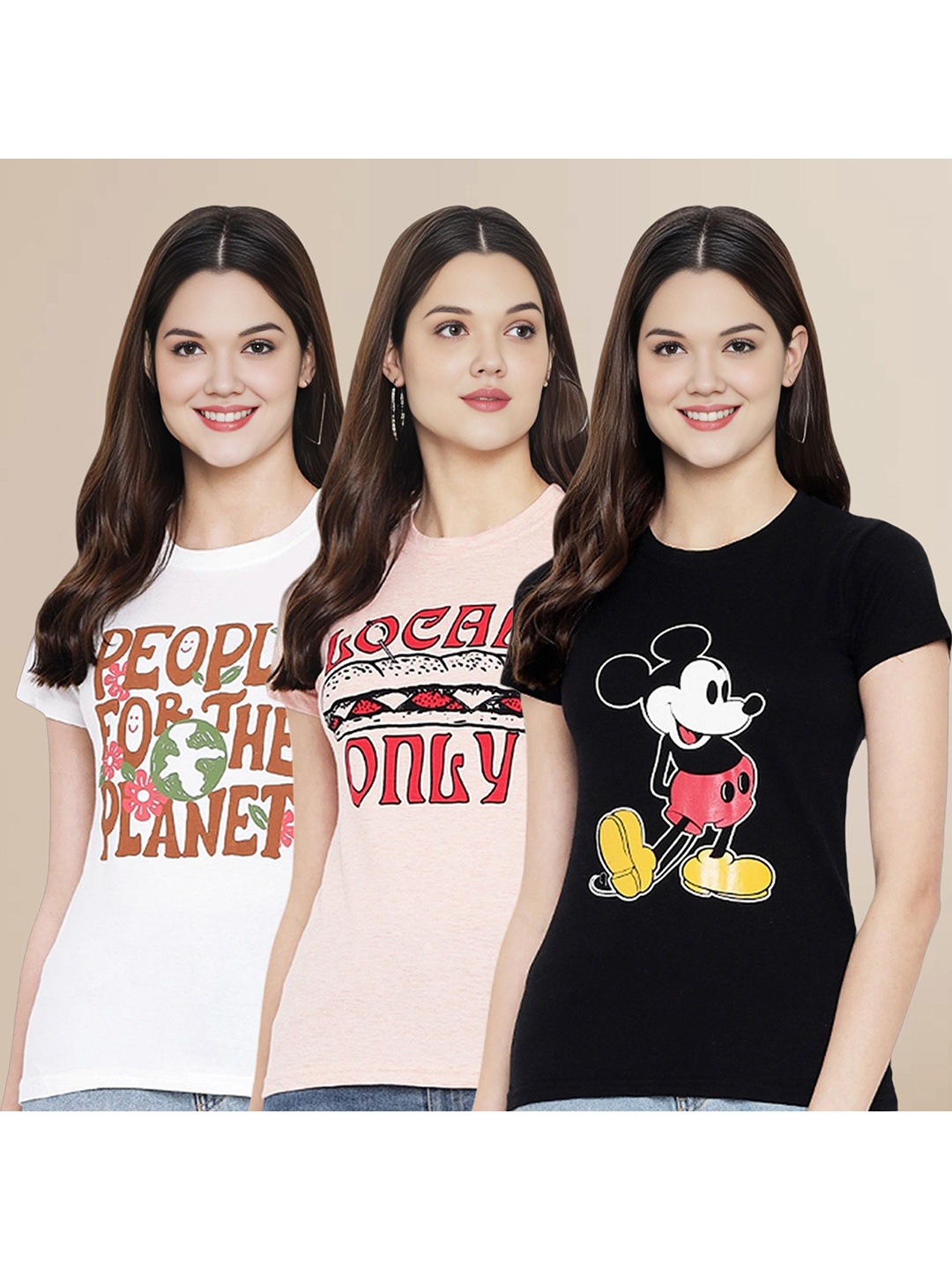 

Metronaut Women Pack Of 3 Typography Printed Round Neck Cotton Mickey Mouse T-shirts, Black