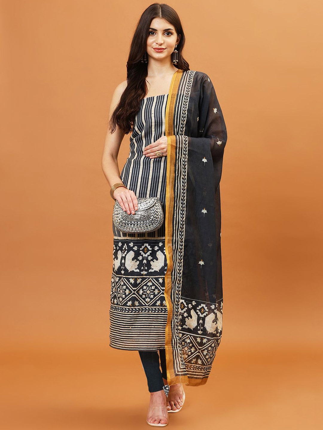 

Meena Bazaar Woven Design Unstitched Dress Material, Grey
