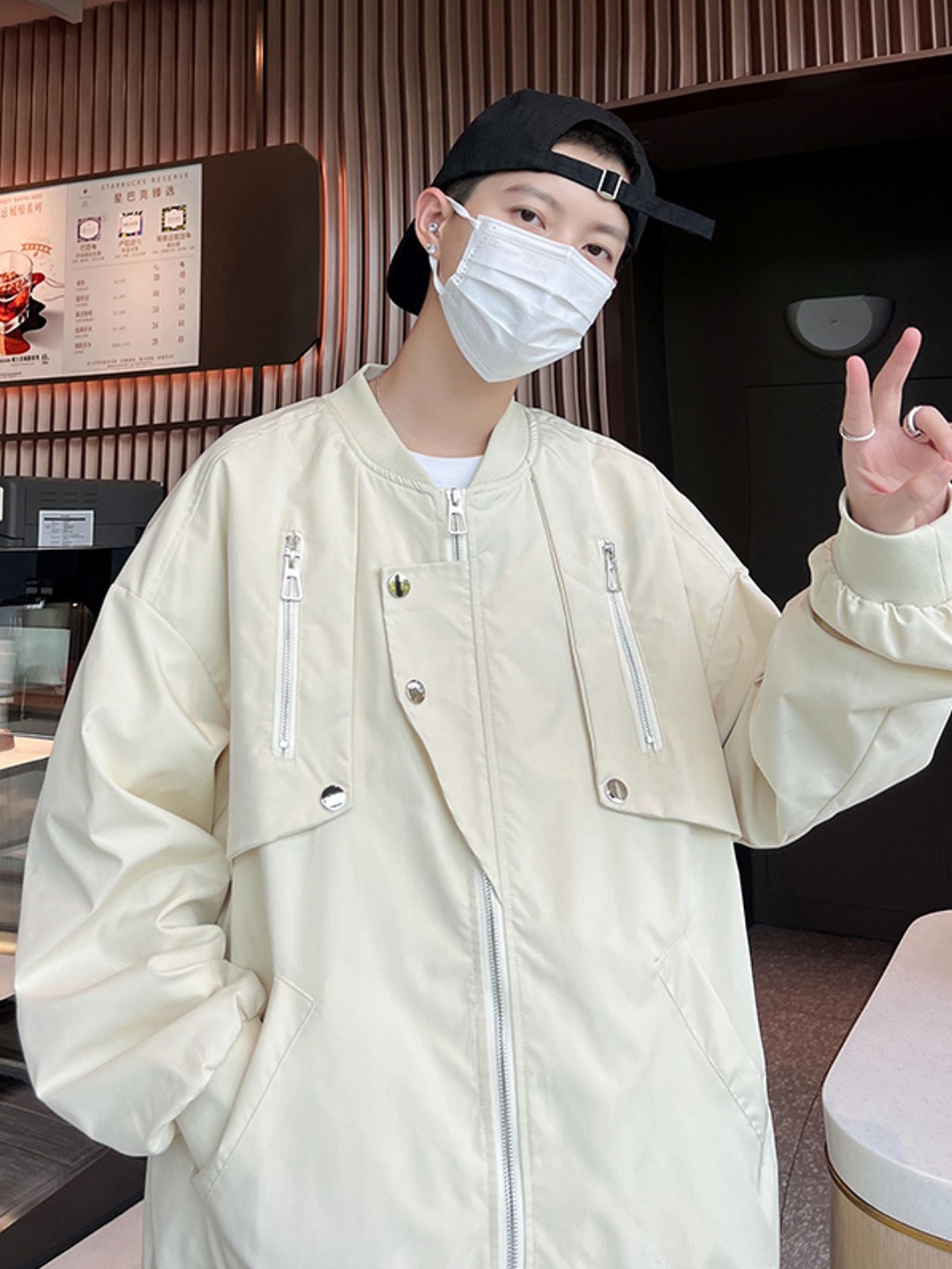

StyleCast x Revolte Men Stand Collar Solid Casual Bomber Jacket, Off white