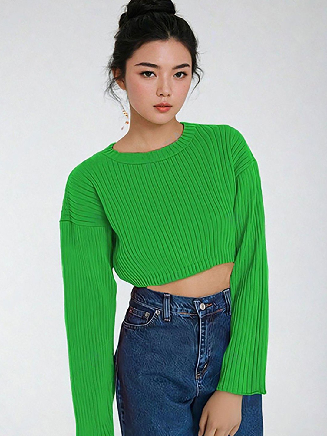 

Kotty Women Long Sleeves Crop Round Neck Pullover, Green