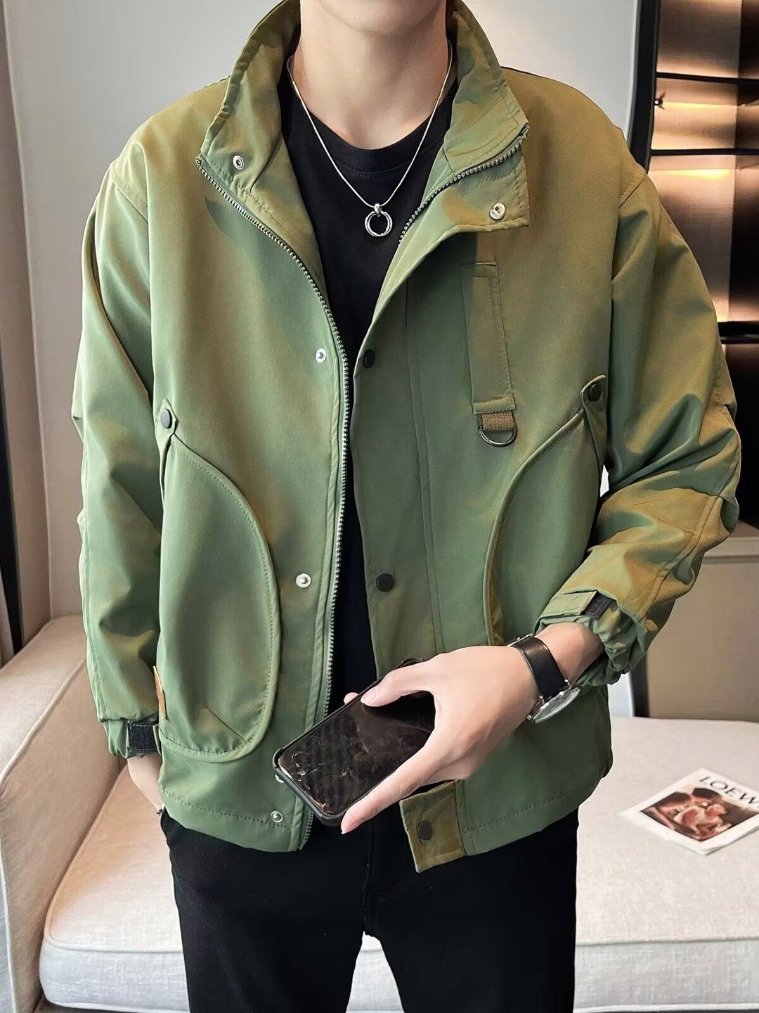 

StyleCast x Revolte Men Spread Collar Solid Casual Bomber Jacket, Green