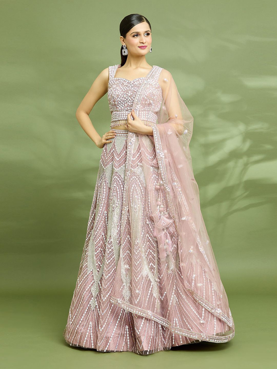 

Samyukta Singhania Embroidered Beads and Stones Block Print Ready to Wear Lehenga & Blouse With Dupatta, Purple