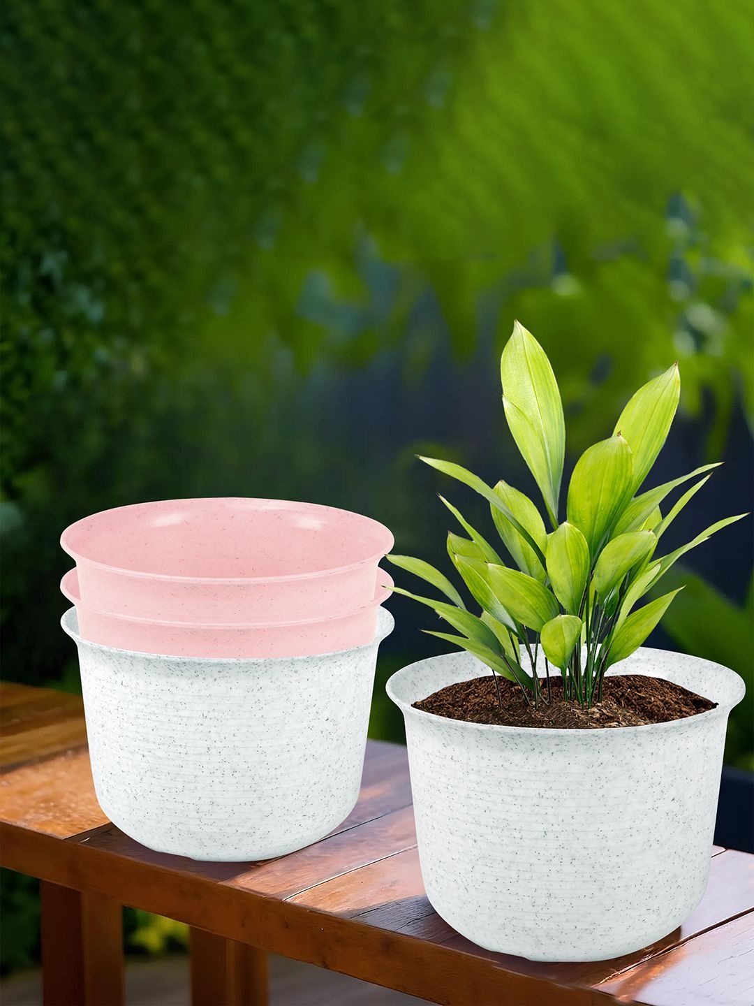 

Kuber Industries White & Pink 4 Pieces Striped Sawera Planters With Plates
