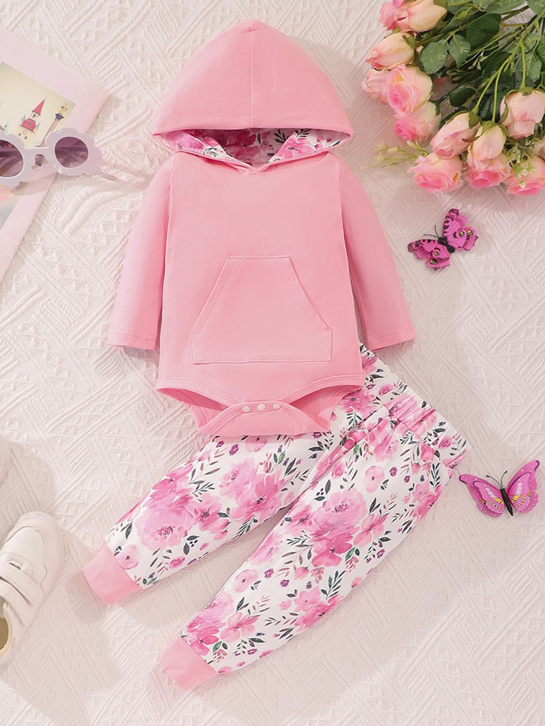 

INCLUD Girls hooded Long Sleeves Romper With Jogger, Pink