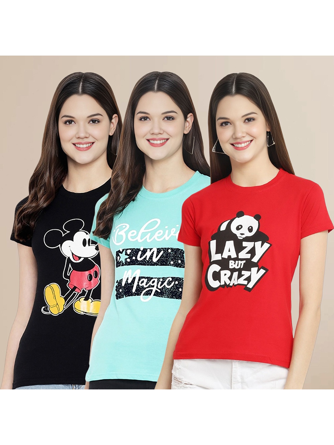 

Metronaut Women Pack Of 3 Typography Printed Round Neck Cotton Mickey Mouse T-shirts, Black