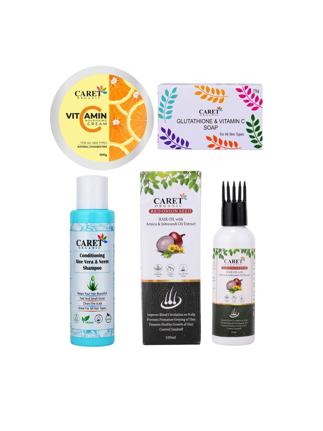 

CARET ORGANIC Set Of 4 Nourishing Cream, Glutathione Soap, Shampoo & Onion Hair Oil, White