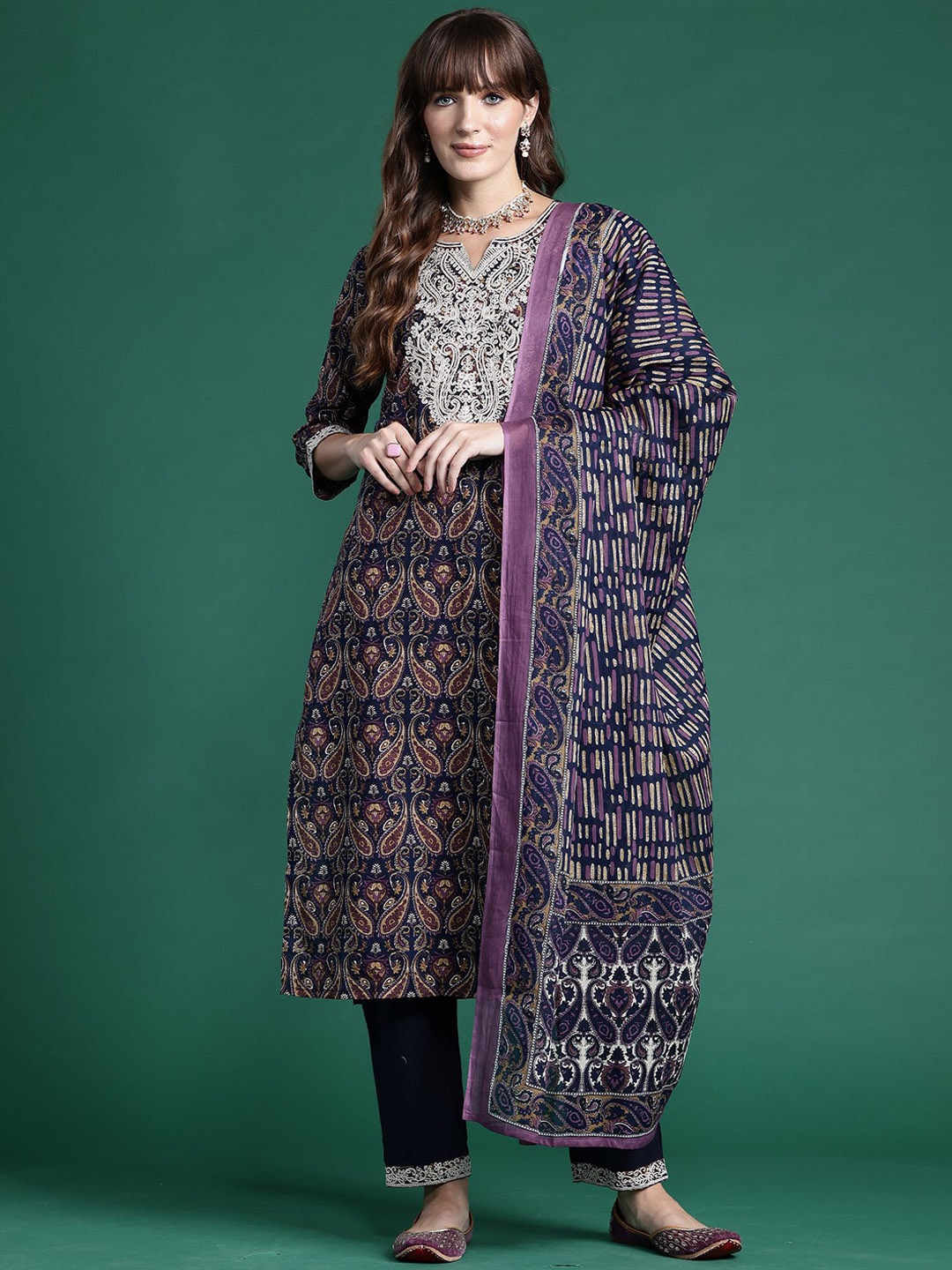 

Indo Era Paisley Printed Straight Thread Work Pure Cotton Kurta with Trousers & Dupatta, Navy blue