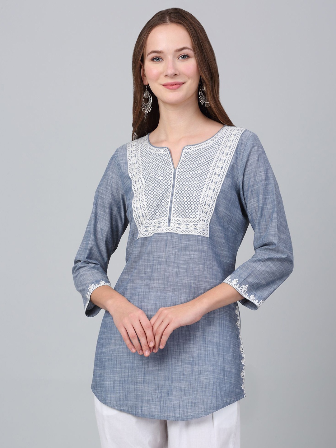 

Cantabil Women Embroidered Round Neck Cotton Tunics, Blue