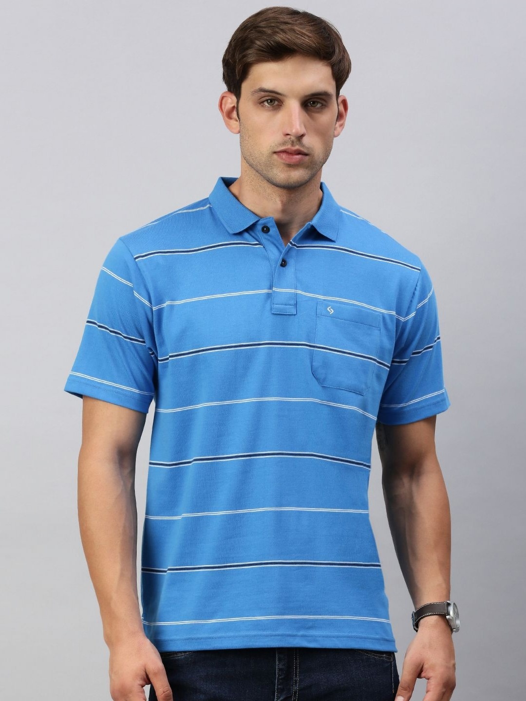 

Classic Polo Men Striped Polo Collar Cotton T-shirt, Blue