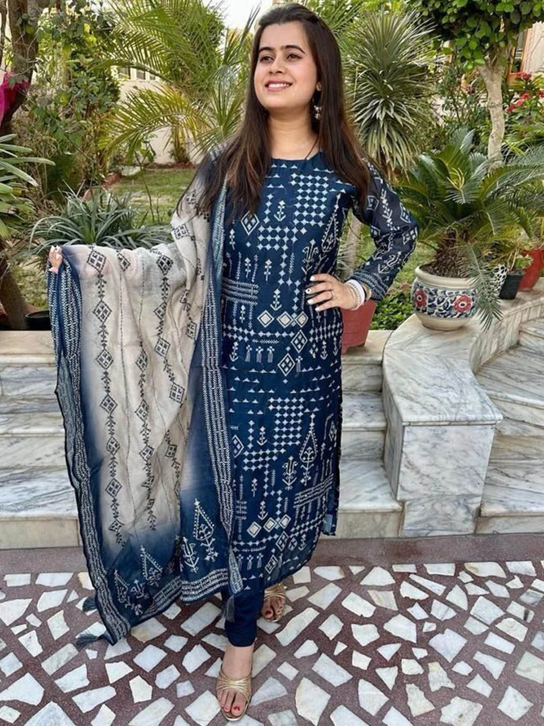 

KALINI Floral Printed Straight Kurta with Trousers & Dupatta, Blue