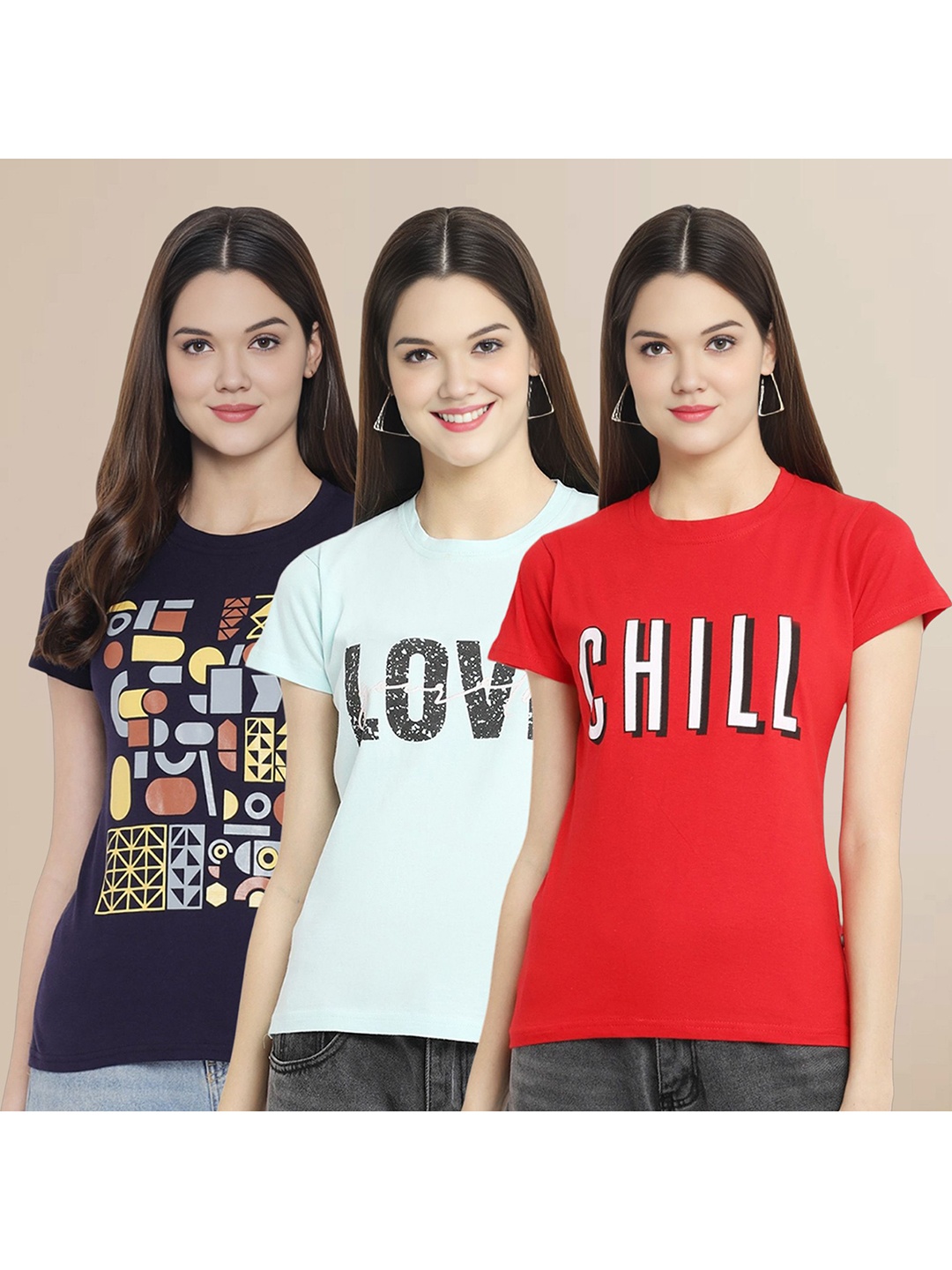 

Metronaut Women Pack Of 3 Typography Printed Round Neck Cotton T-shirts, Navy blue