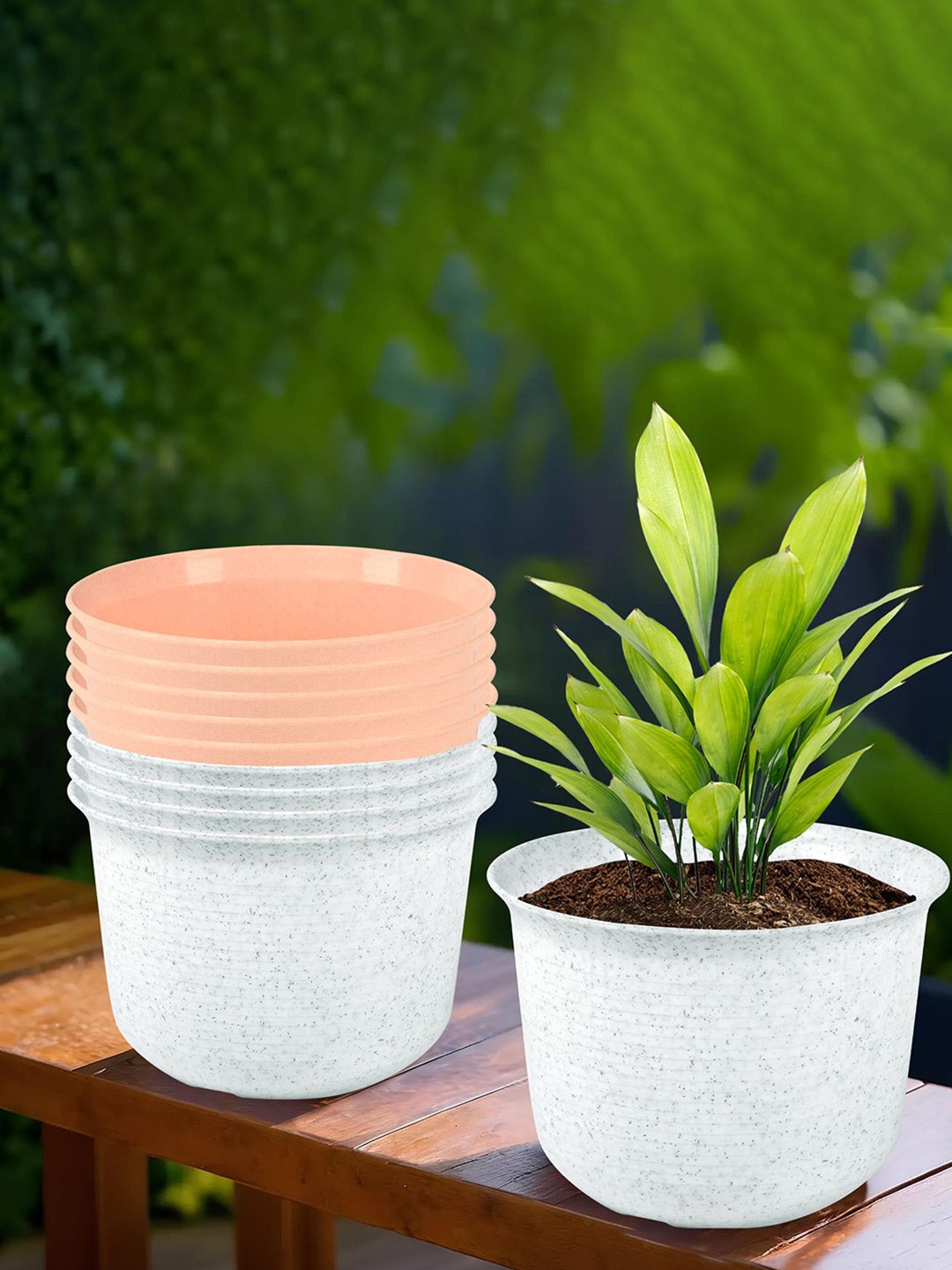 

Kuber Industries Sawera Peach-Colored & White 10 Pcs Textured Planters With Plates