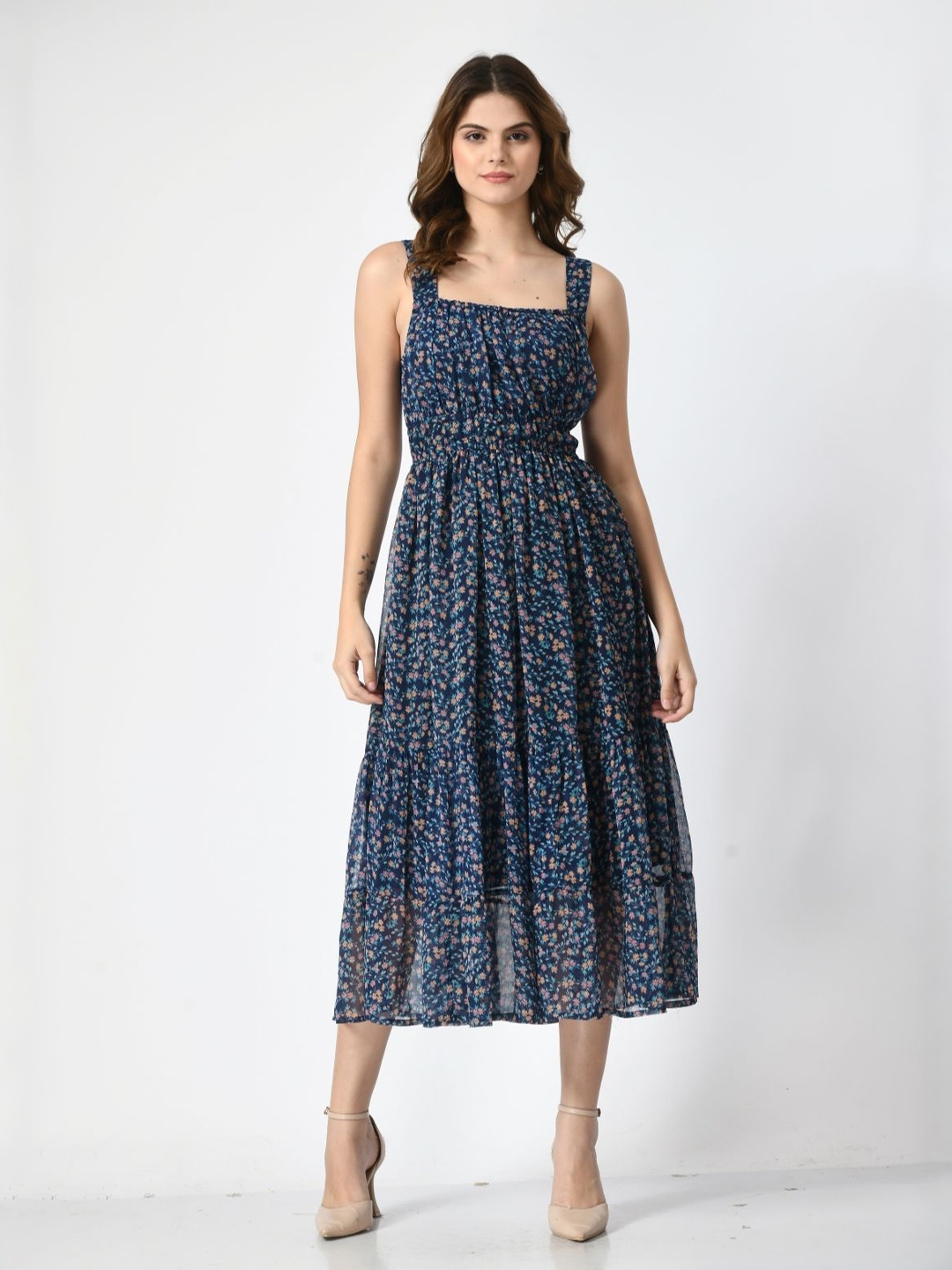 

Fuchsia Women Floral Printed Shoulder Strap Midi Dress, Navy blue