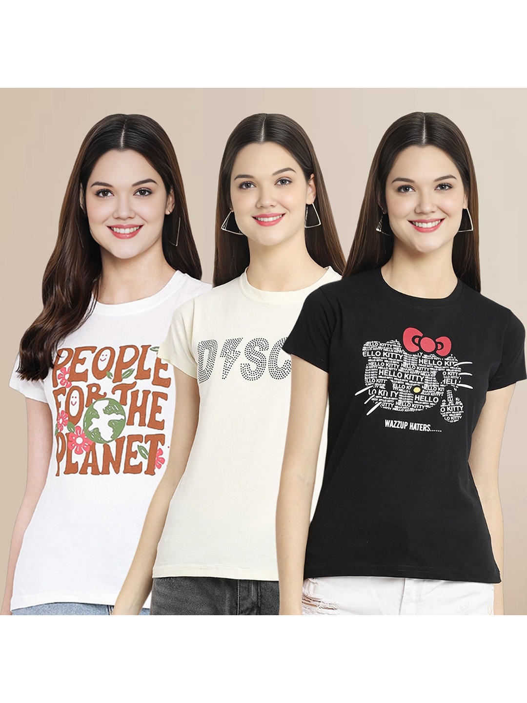 

Metronaut Women Pack Of 3 Typography Printed Round Neck Cotton T-shirts, White