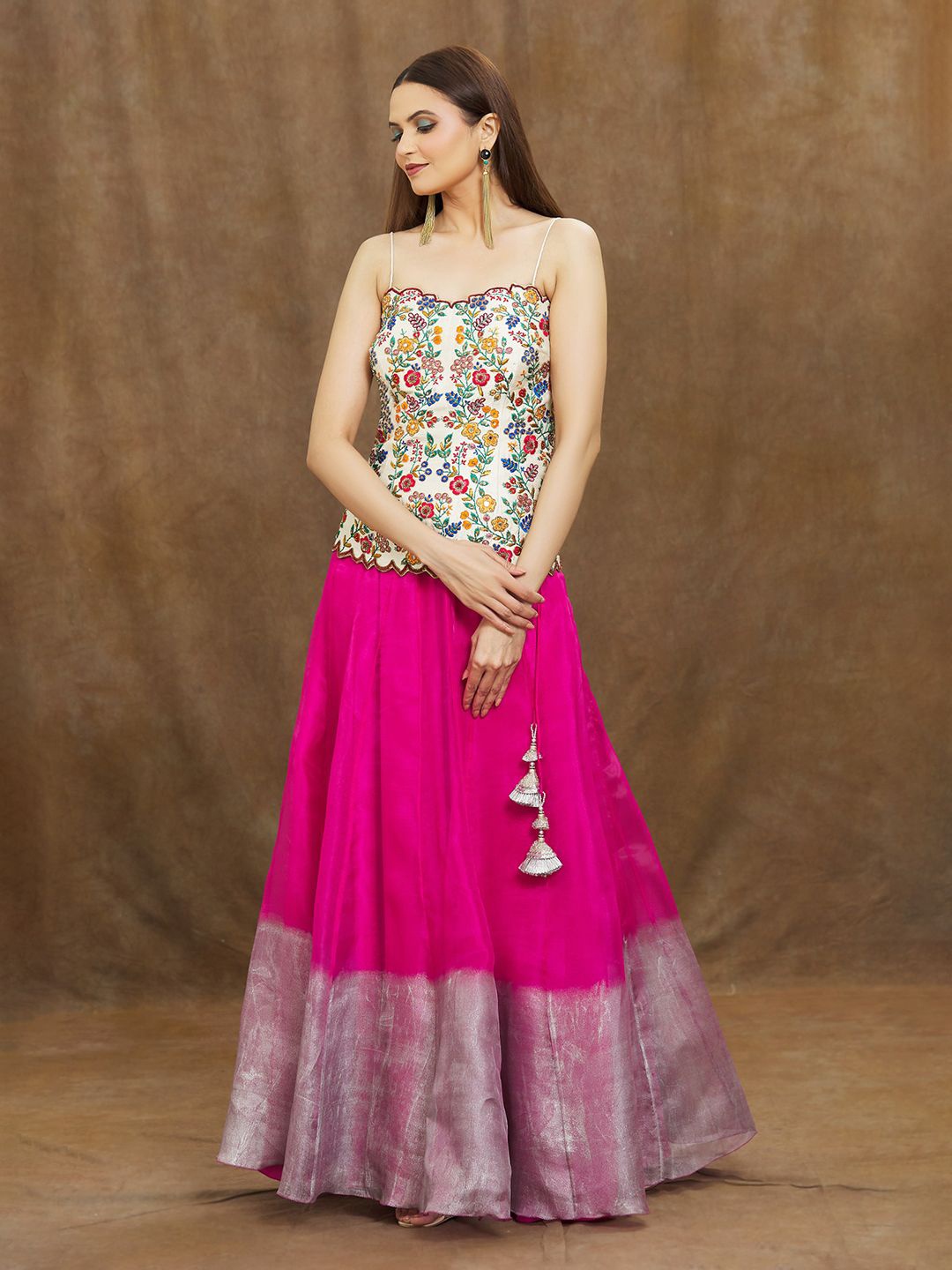 

Samyukta Singhani Floral Embroidered Ready to Wear Ombre Lehenga & Corset Blouse, Pink