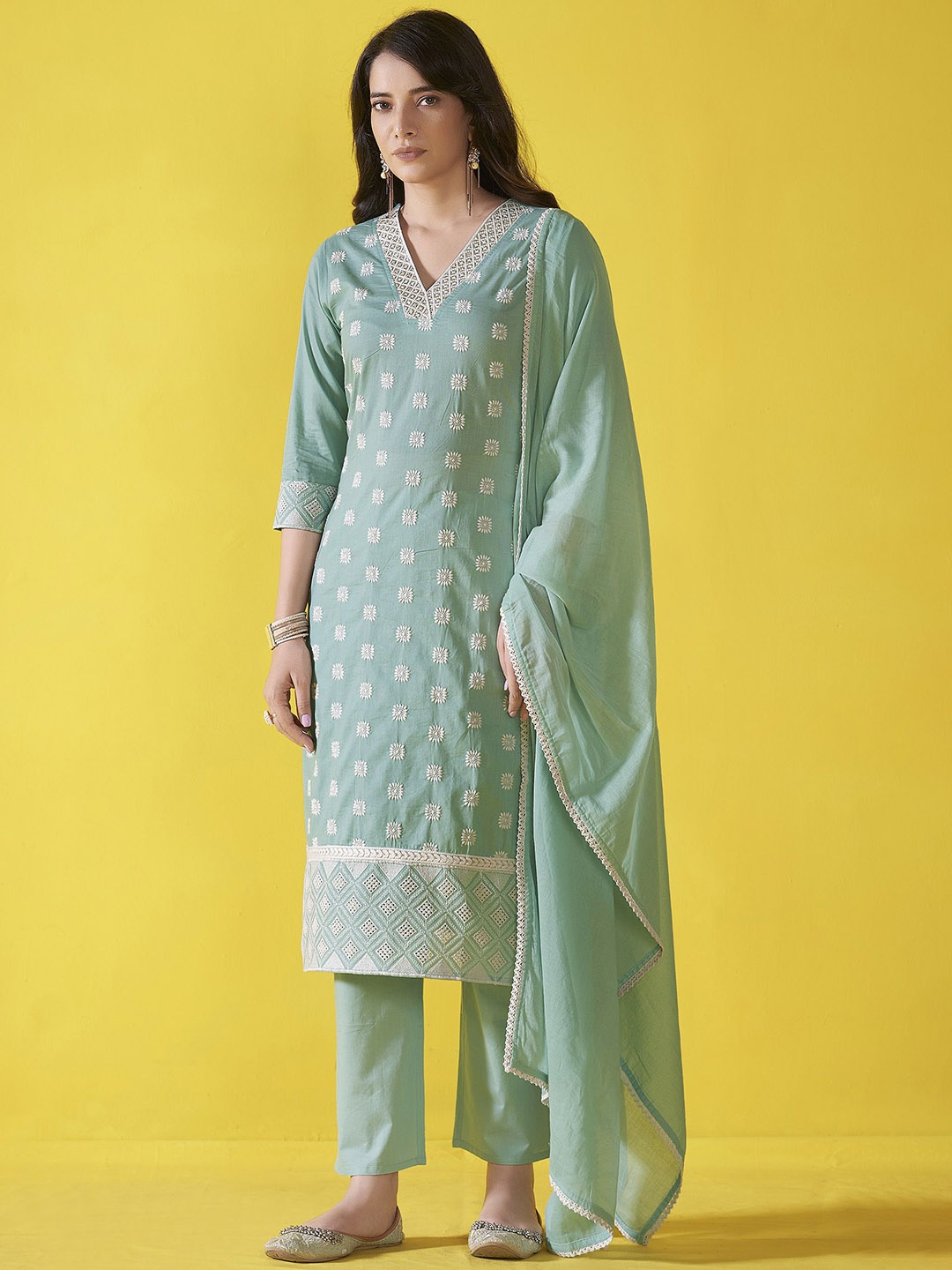 

Anouk Turquoise Blue Floral Embroidered V-Neck Pure Cotton Kurta With Trouser With Dupatta