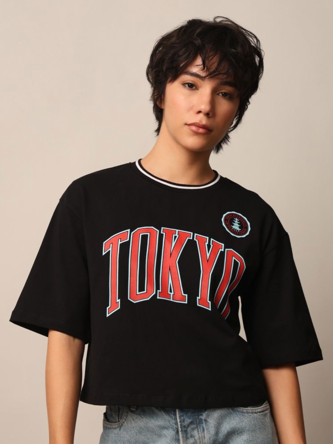 

ONLY Women Typography Printed Round Neck Cotton Boxy T-shirt, Black