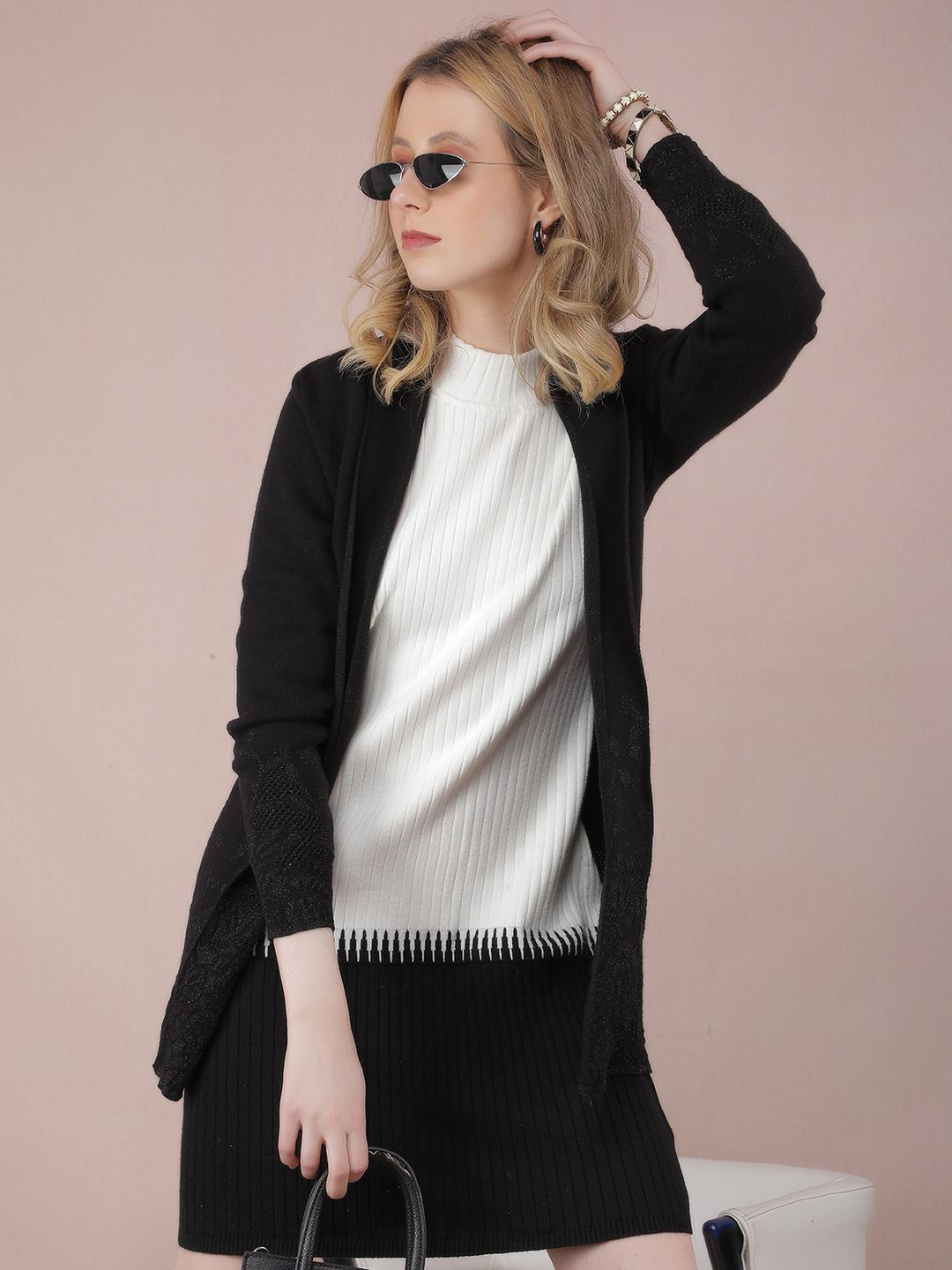 

Crimsoune Club Self Design Longline Open Front Shrug, Black