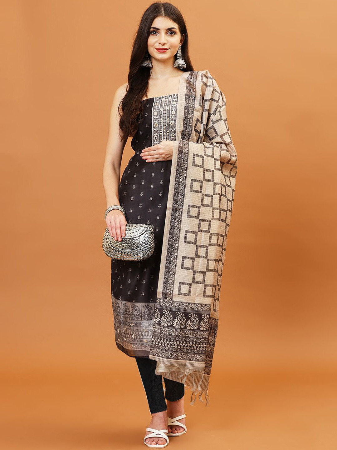 

Meena Bazaar Ethnic Motifs Woven Design Mirror Work Unstitched Dress Material, Black