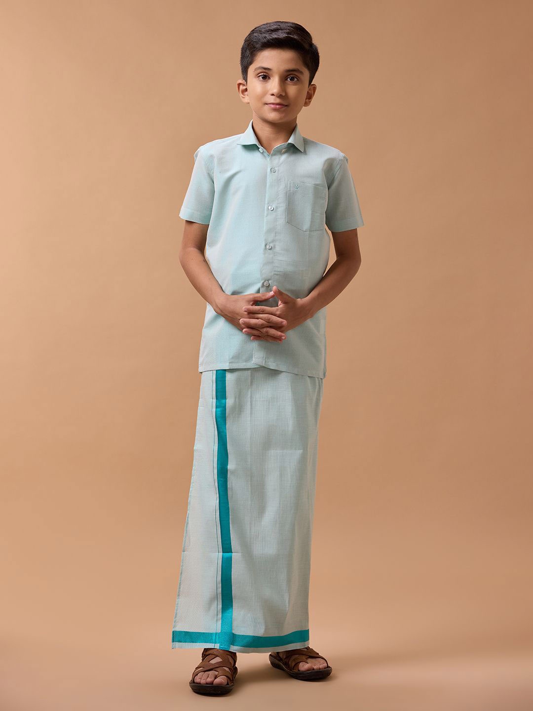

Ramraj Boys Pure Cotton Shirt with Veshti, Green