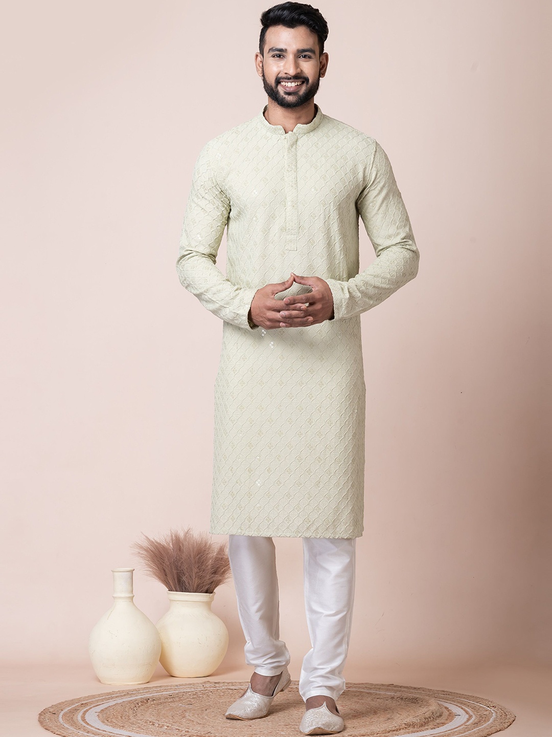 

HERE&NOW Green Mandarin Collar Woven Design Chikankari Straight Cotton Kurta