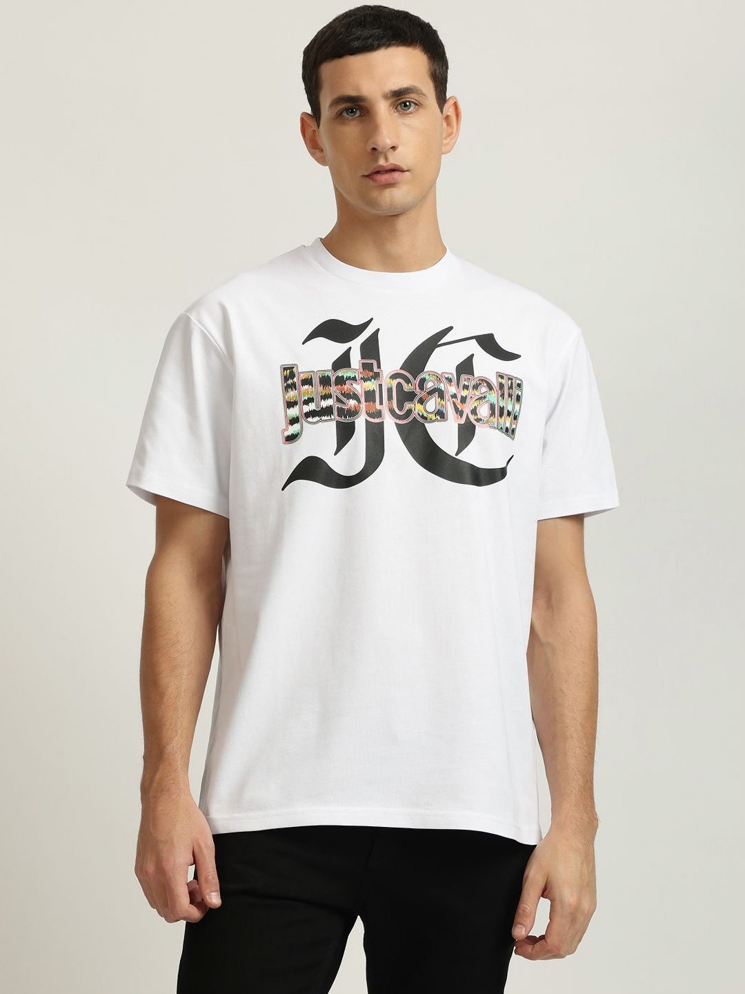 

Just Cavalli Men Typography Printed Round Neck Cotton T-shirt, White